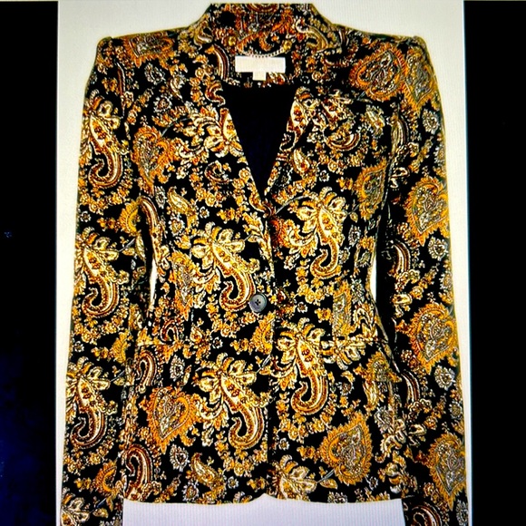 NWOT Velveteen Blazer MICHAEL KORS Black/Marigold/Ivory some stretch & fitted - Picture 1 of 13
